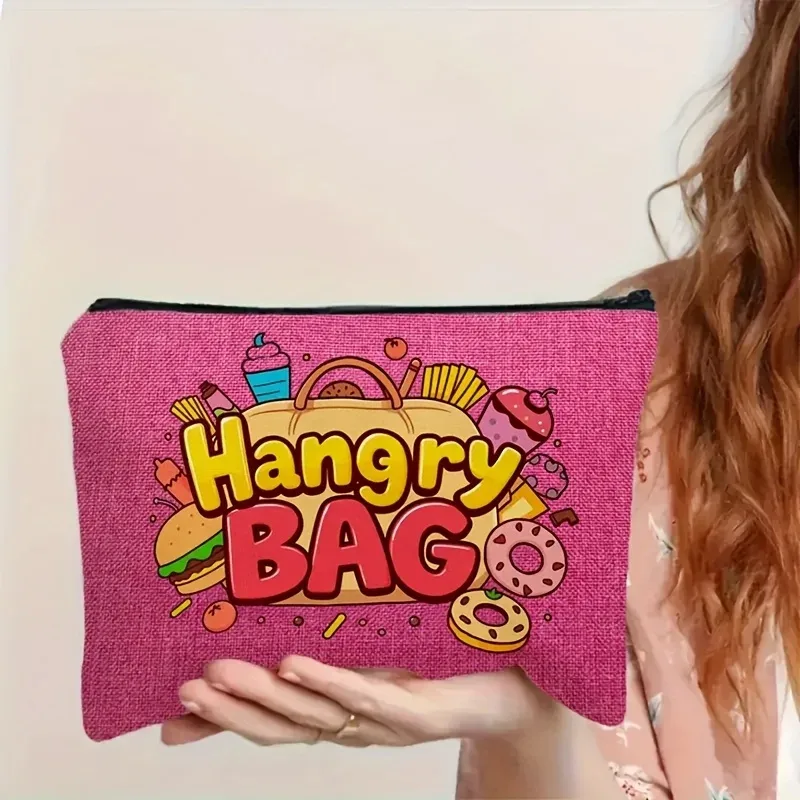 sac à suspendre léger en polyester | organisateur de collations et de maquillage avec un design alimentaire amusant rose vif, fermeture à glissière