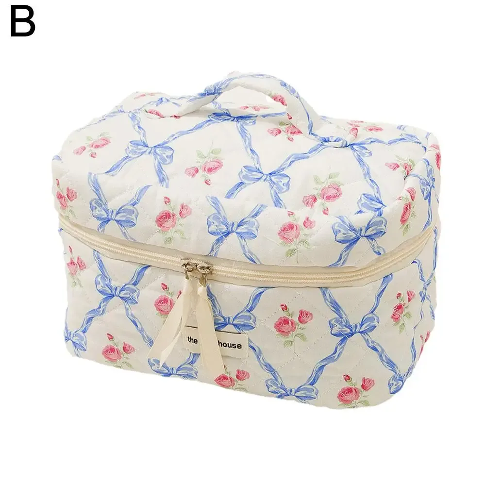 trousse de maquillage matelassurera pour femme, trousse de toilette portable pour filles, sac à main à glissière, mignon, nœud de fleur, évaluation cosmétique, grill féminin