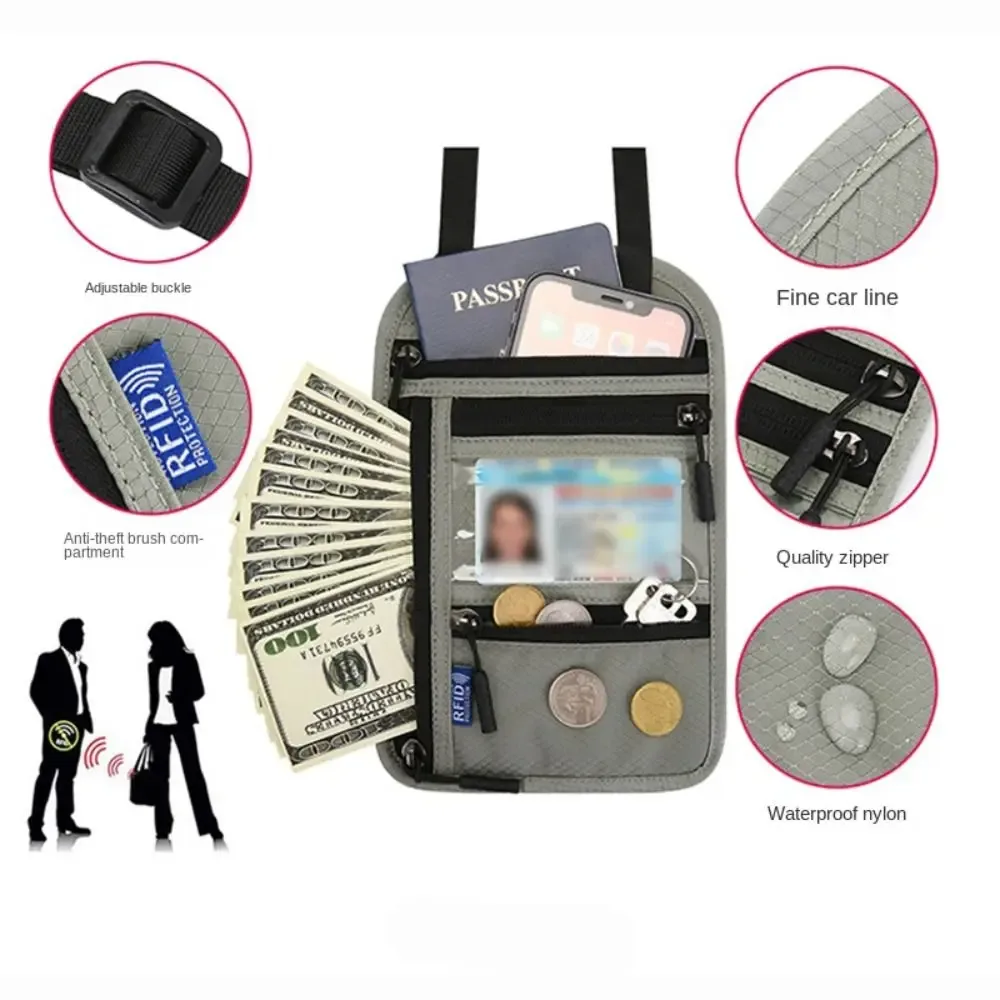 pochette de sécurité antivol en nylon, sac de passeport bloquant rfid avec sangle de cou réglable, portefeuille de voyage étanche