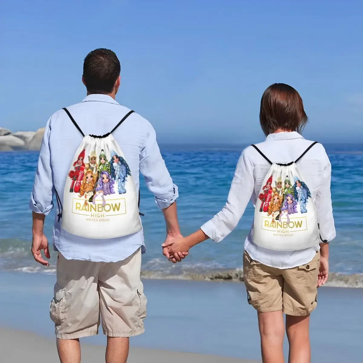 sac à dos personnalisé arc-en-ciel avec cordon de serrage pour pause d'hiver, sac de sport pour femmes et hommes, sac d'entraînement de dessin animé tv