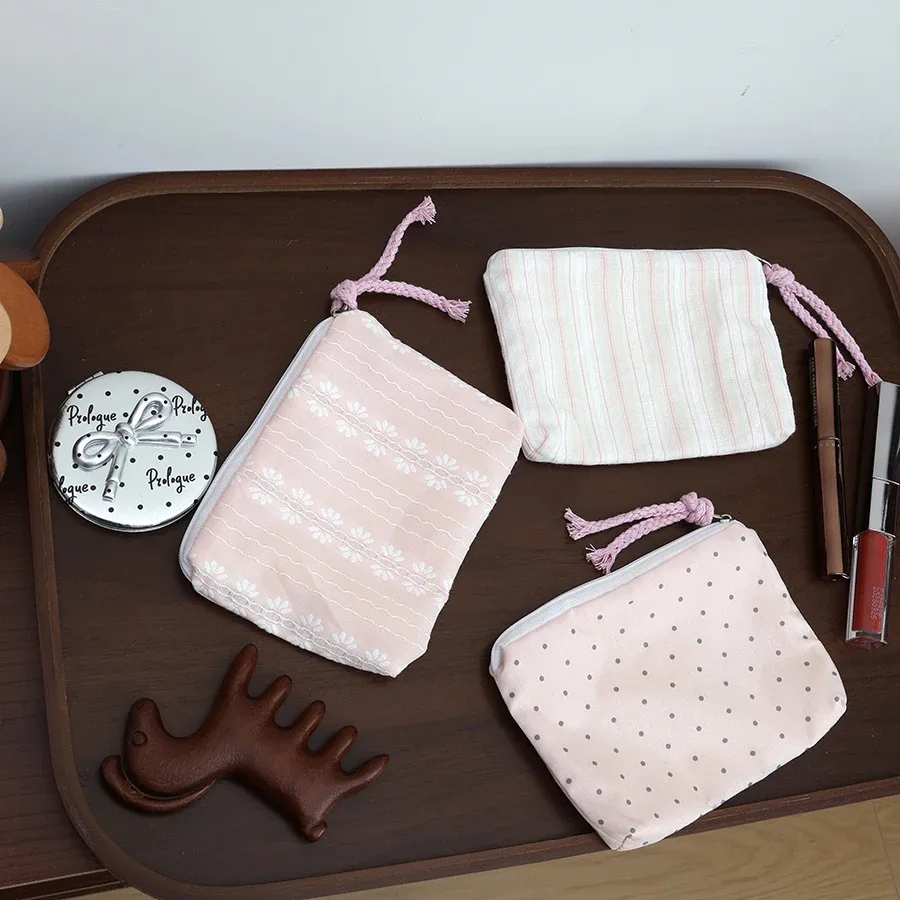 pochette cosmétique rayée rose pour femme, mini portefeuille mignon, pochette portable pour rouge à lèvres, écouteurs, clés, organiseur de maquillage de voyage
