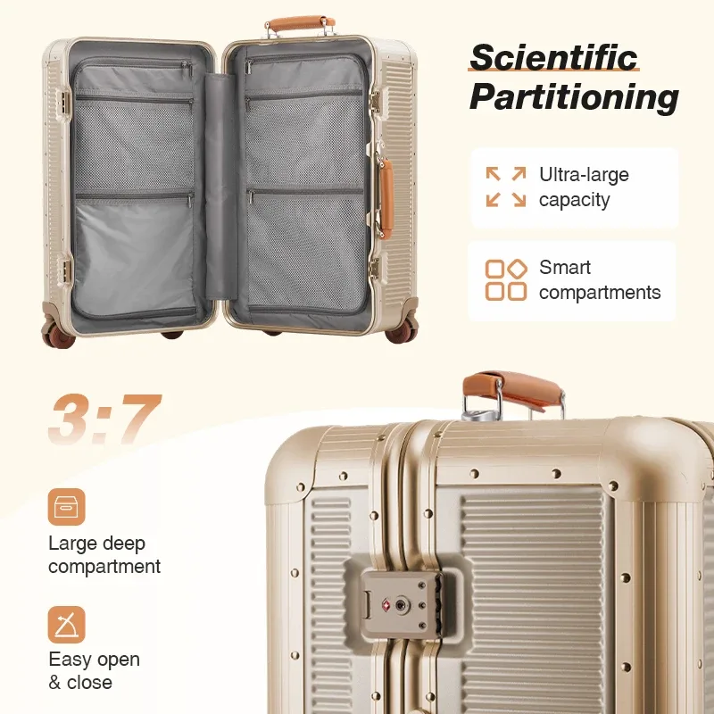 valise de cabine aiweiny 20/24/28 pouces avec cadre en aluminium, serrure tsa à 3:7, roues silencieuses, porte-gobelet, bagage de voyage léger en pc