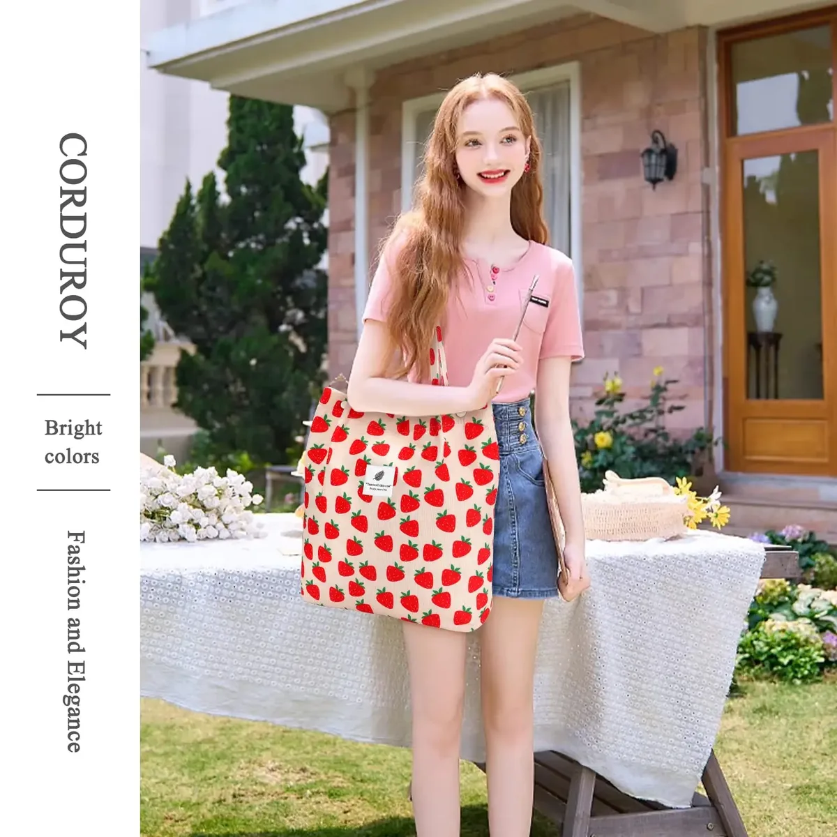 sac fourre-tout en velours côtelé, fourre-tout mignon pour femmes, sac à bandoulière avec poche intérieure pour le travail, la plage, les voyages et le shopping, l'épicerie