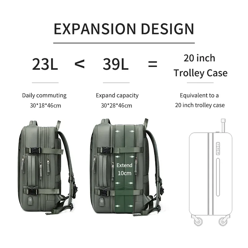sac à dos de voyage pour hommes et femmes, extensible, 39l, pour randonnée, ordinateur portable, chargement usb, 17 pouces, étanche, pour l'école