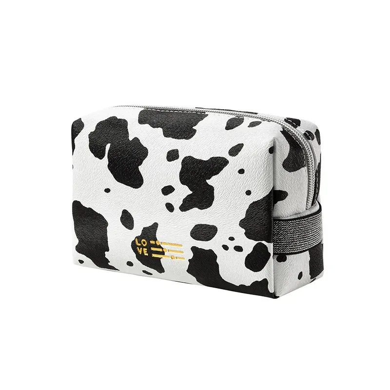 pochette de maquillage mignonne à la mode, trousse de toilette portable imprimée vache, organisateur multifonctionnel à fermeture éclair pour vacances, camping, fête