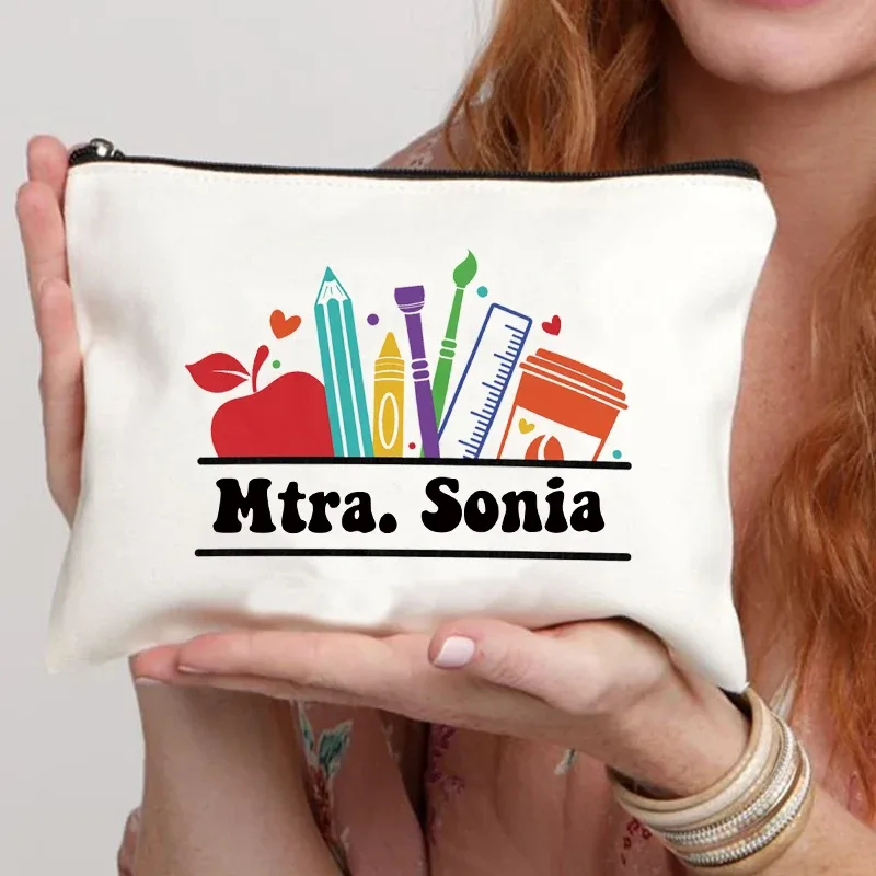 trousse de maquillage personnalisée avec nom de l'enseignant, sac à main pour femme, meilleur cadeau de graduation pour les enseignants, trousse à crayons, cadeau de retour à l'école