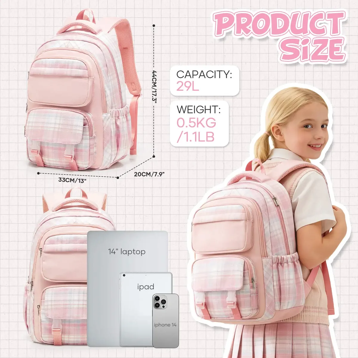 sac à dos scolaire pour adolescente, sac à dos décontracté multi-poches pour l'école primaire, sacs à dos quotidiens, sac à dos pour l'école