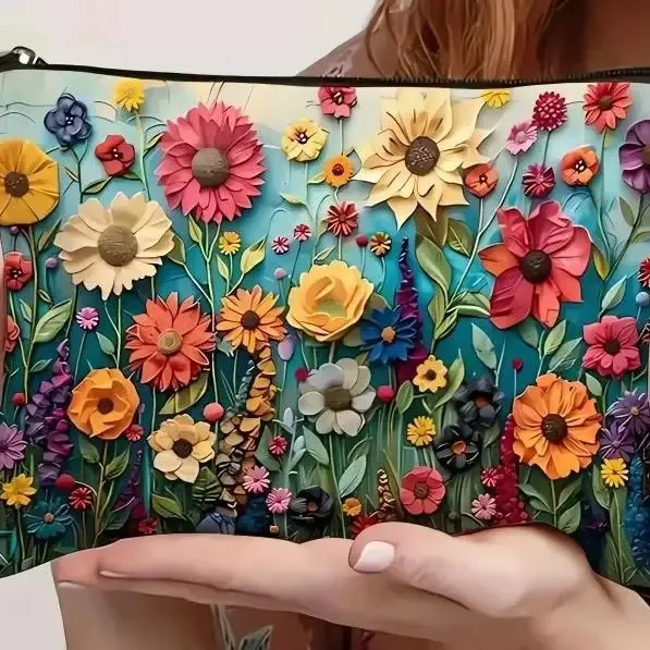 Pochette de maquillage imprimée florale Double face style Boho, organisateur de voyage, sac à main en lin pour femmes, sac de rangement de cosmétiques pour cadeau