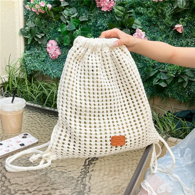 sac à cordon tissé tendance, grande capacité, design ajouré, sac à dos pratique pour les trajets quotidiens et le shopping