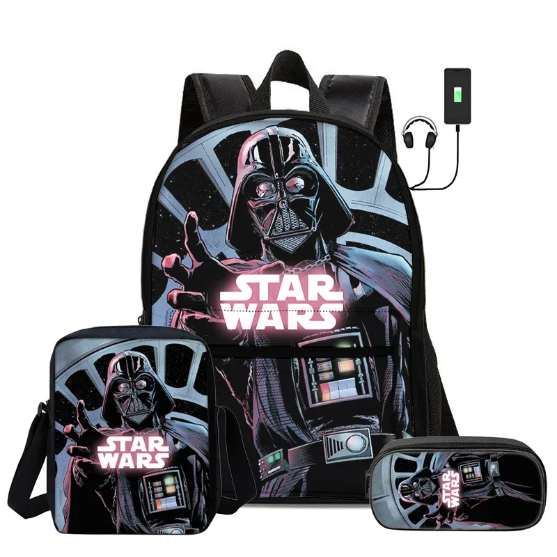 ensemble de 3 pièces star wars movie, sac à dos d'école pour enfant avec interface usb, sac à bandoulière, sac à crayons, sac à dos