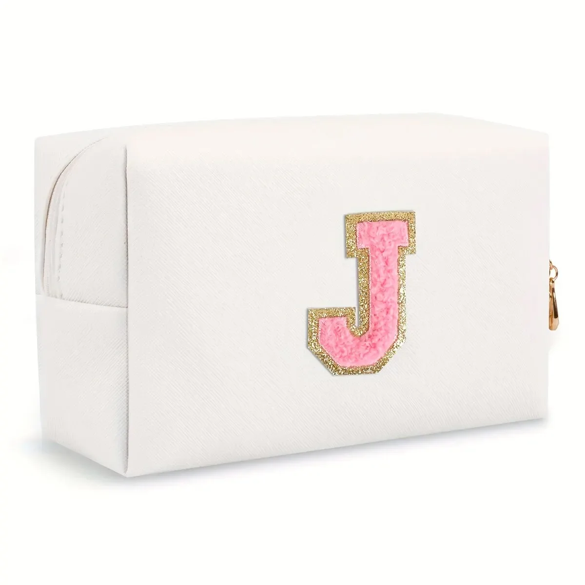 trousse de maquillage preppy pour femmes, trousse de toilette de voyage, sac à cosmétiques avec lettres en chenille, pochette étanche en cuir pu, joli organisateur à fermeture éclair-ll