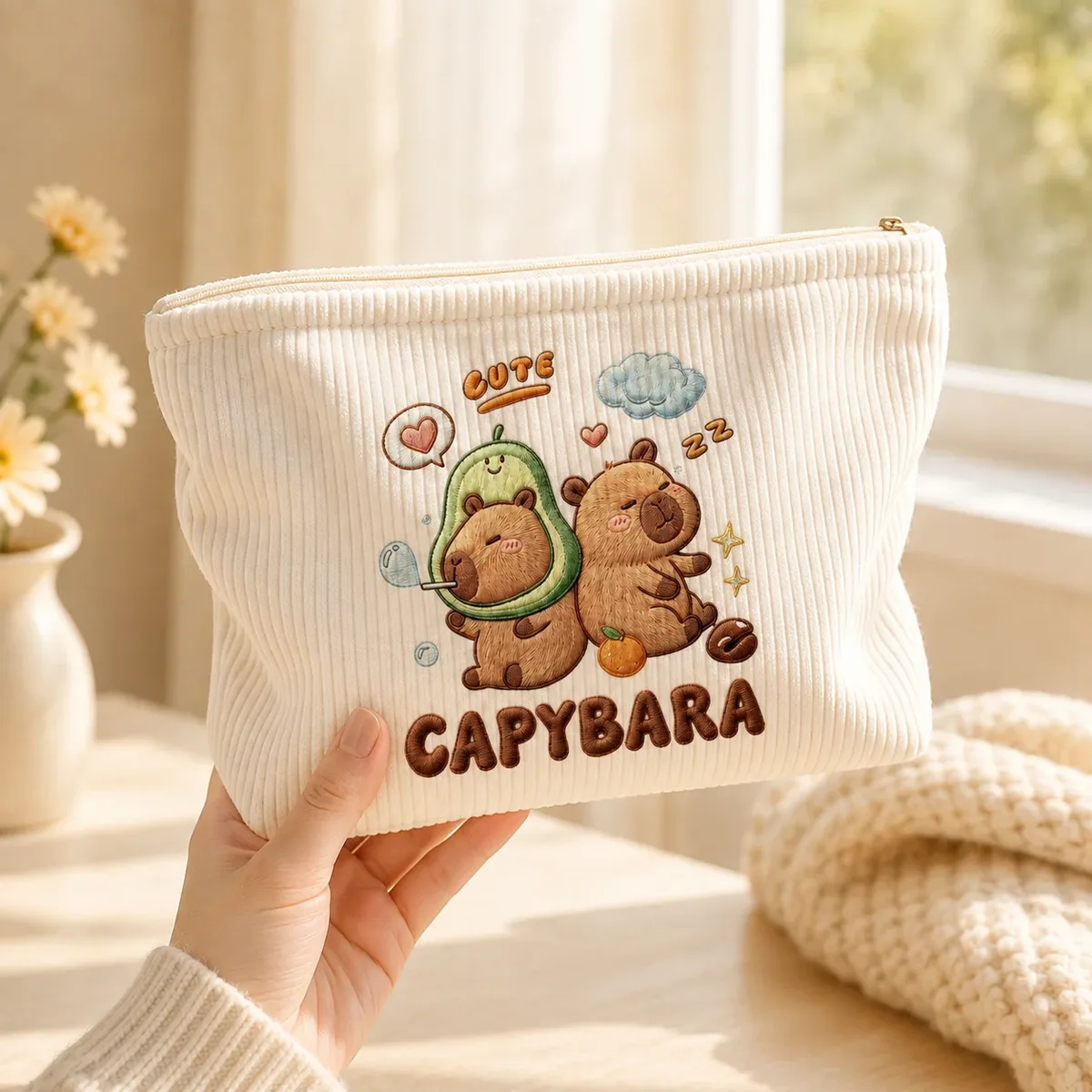 trousse de maquillage mignonne capybara en velours côtelé, grande capacité, pochette zippée pour femmes, organisateur de toilette de voyage, rangement beauté
