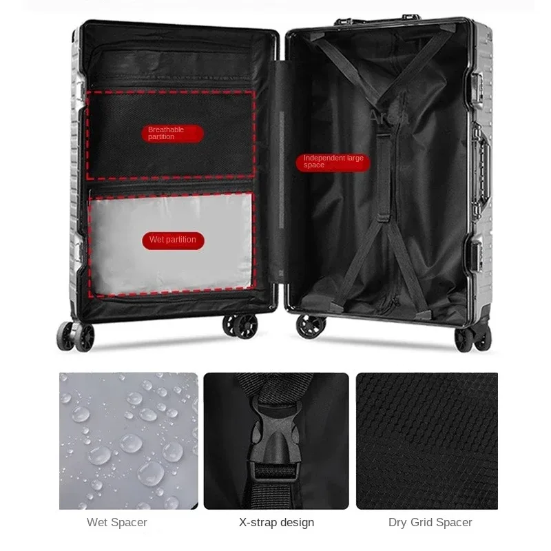 valise à cadre en aluminium, grande capacité, robuste et durable, avec serrure à code, valise cabine en pc renforcé, 20/22/24/26/28 pouces