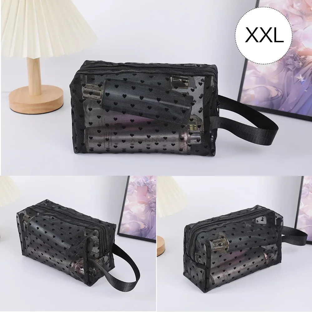 trousse de maquillage en velours de cœur noir en dentelle, sac de rangement transparent pour étudiant, trousse de toilette portable de voyage, trousse de maquillage universelle