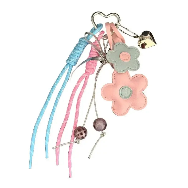 joli porte-clés et breloque de sac en cuir pu motif fleur et cœur, pendentif de sac bohème pour femme, accessoire esthétique pour sacs fourre-tout