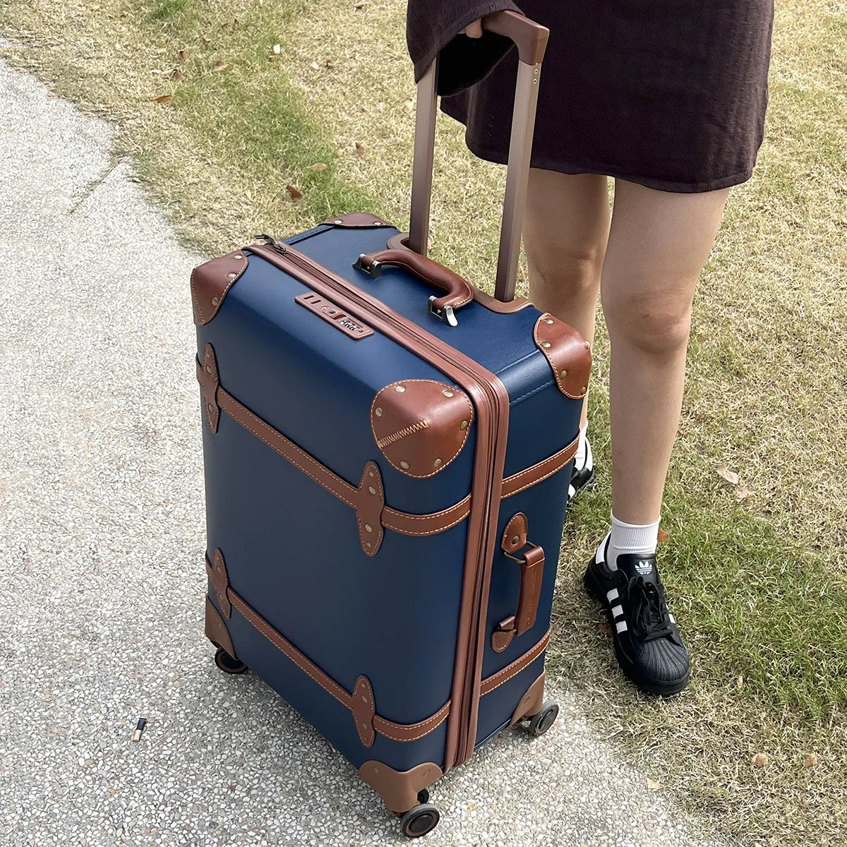 valise de voyage vintage en cuir bleu pour affaires, bagage à main 20 pouces + valise à roulettes 24 pouces, avec serrure tsa, style universitaire, unisexe