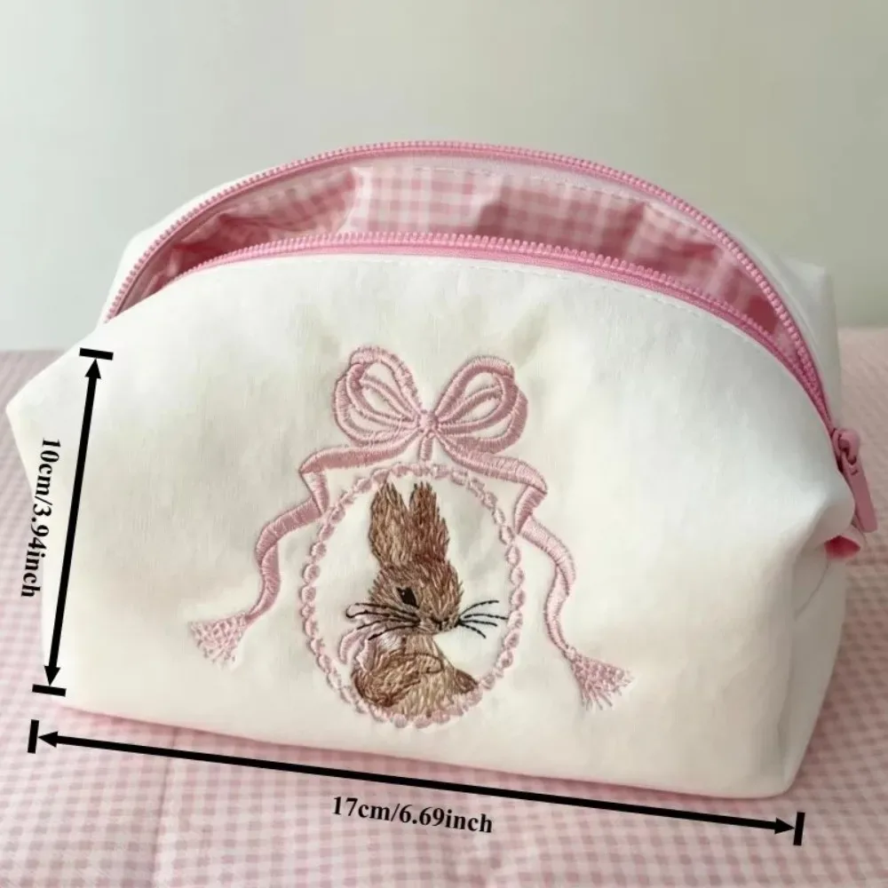 trousse de maquillage portable lapin avec nœud en dentelle grande capacité organisateur de maquillage fermeture éclair blanc rose trousse à crayons pour femmes et filles