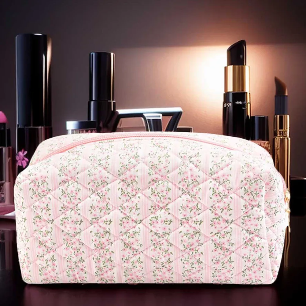 sac à cosmétiques floral pour femmes, grande capacité, en coton, esthétique, sac de toilette, fermeture éclair, sac organisateur rembourré, sac à main quotidien pour filles