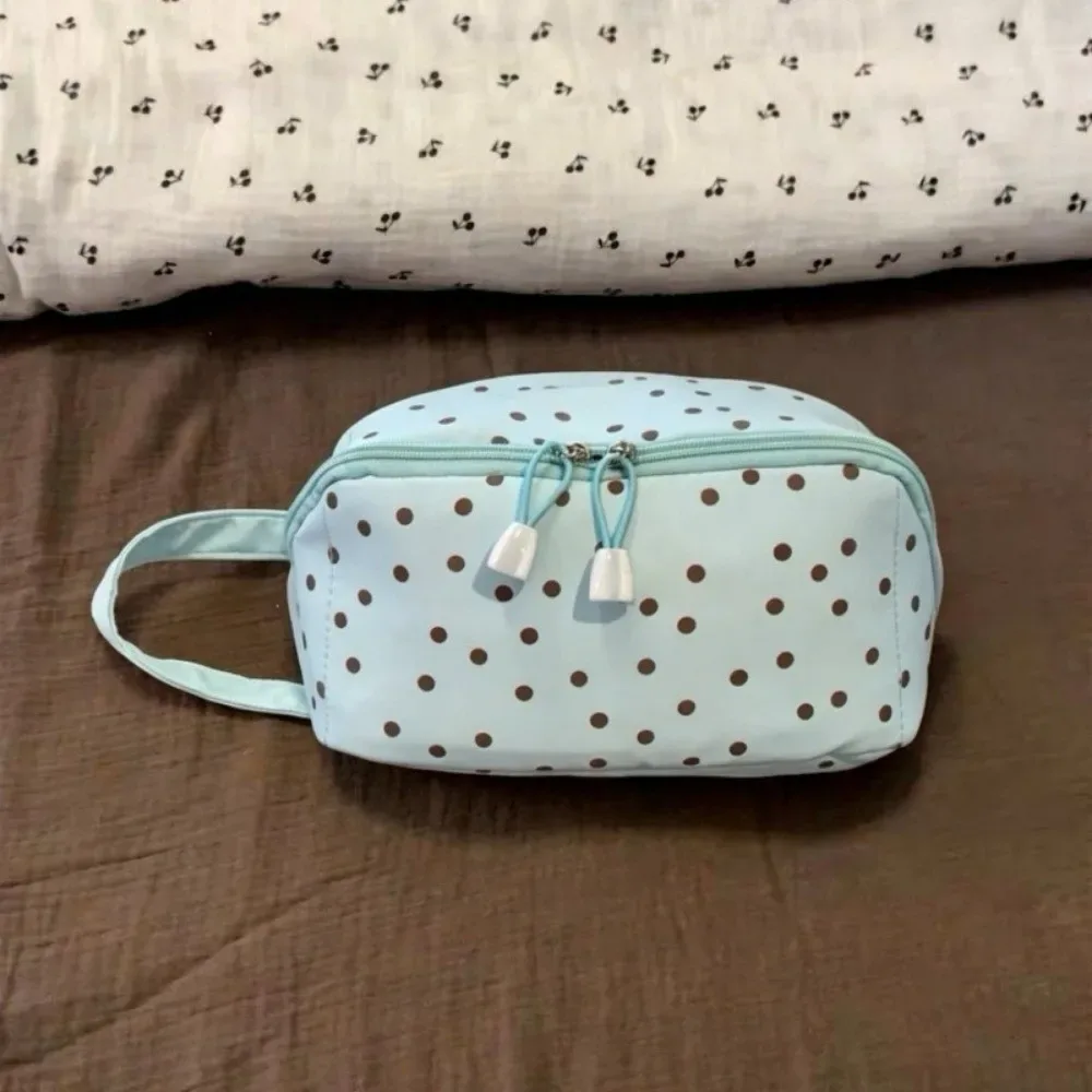 trousse de maquillage portable à pois, sac cosmétique brodé avec nœud, pochette de rangement, trousse de toilette à pois pour voyage