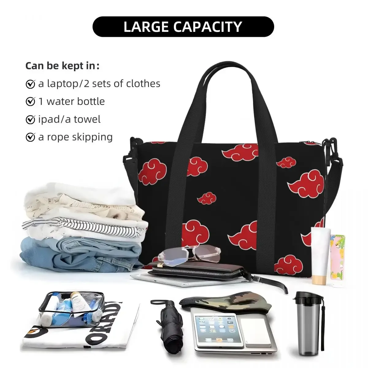 sac de voyage de plage nuage noir et rouge personnalisé, fourre-tout de grande capacité pour salle de sport, sac à bandoulière de shopping pour femmes