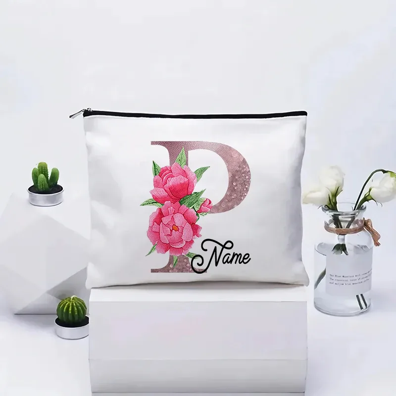 trousse de maquillage personnalisable avec prénom, cadeau de mariage, grande pochette en toile à fermeture éclair, motif floral pivoine, essentiels de voyage, maquillage