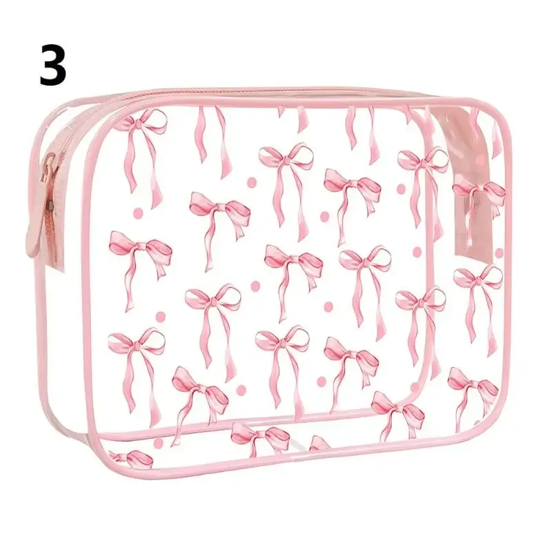 ● 1pcs pochette en nylon pvc imperméable à imprimé nœud mignon, sac à maquillage transparent, pochette zippée pour articles de toilette, sacs cosmétiques