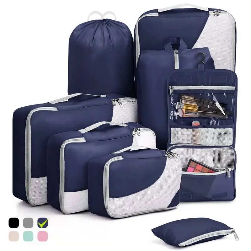 organiseur de valise de qualité supérieure, 8 pièces, pochettes de rangement en maille transparente, cubes de rangement résistants aux déchirures, sacs de rangement pour vêtements avec trousse de toilette