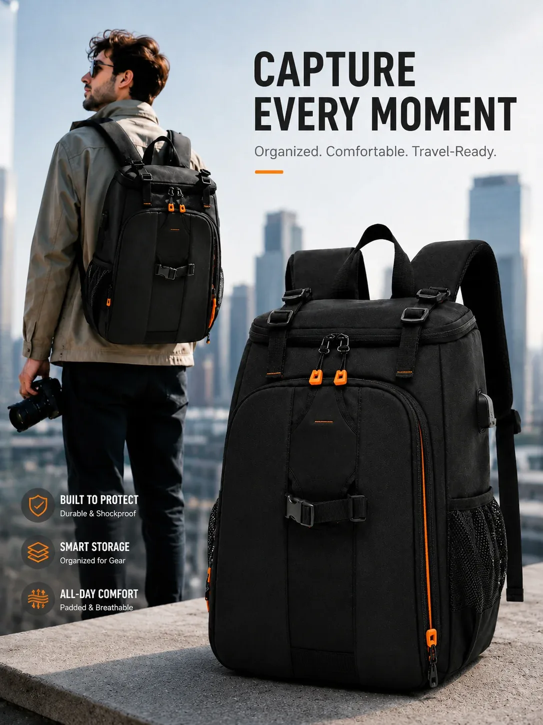 sac à dos pour appareil photo résistant à l'eau pour appareils photo reflex et hybrides avec port usb, séparateurs rembourrés, compartiment pour ordinateur portable et support pour trépied