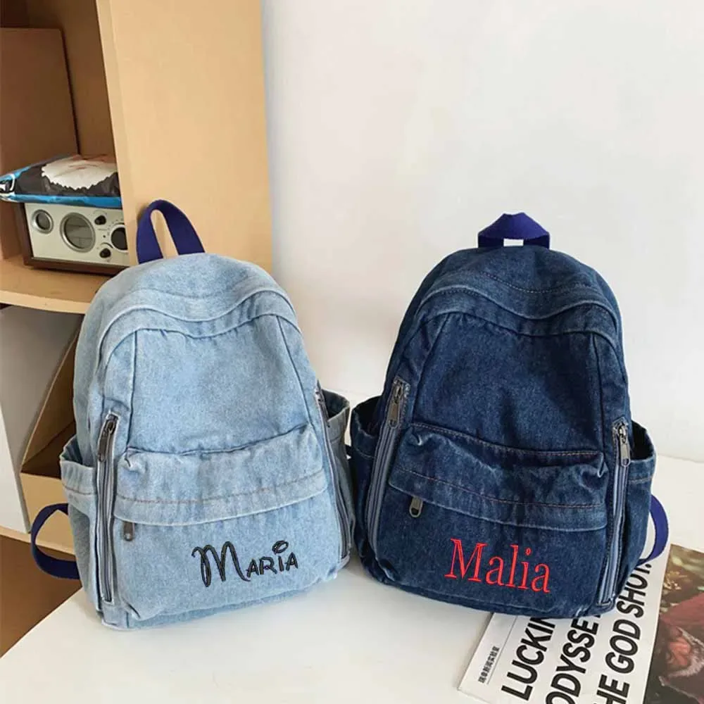 Sac à dos en denim de grande capacité pour garçons et filles, sac à dos de voyage personnalisé, sac à dos personnalisé avec tous les noms, nom brodé, 03