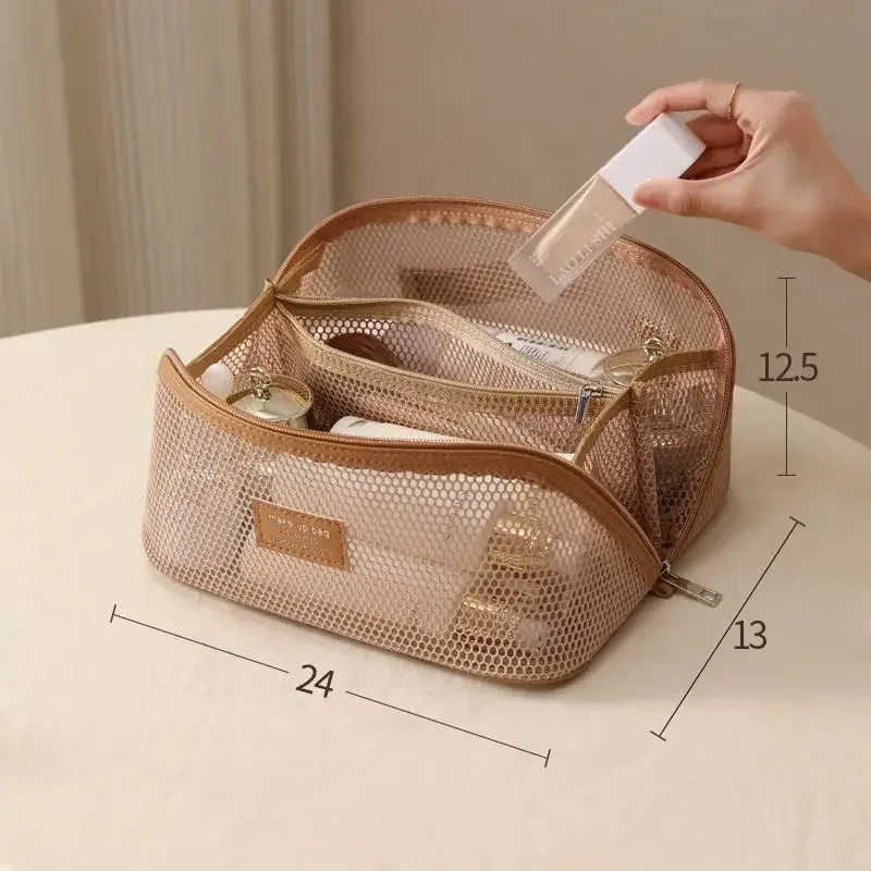 sac de maquillage en maille transparente, léger, portable, grande capacité, trousse de toilette de voyage, sac multifonctionnel à plusieurs compartiments