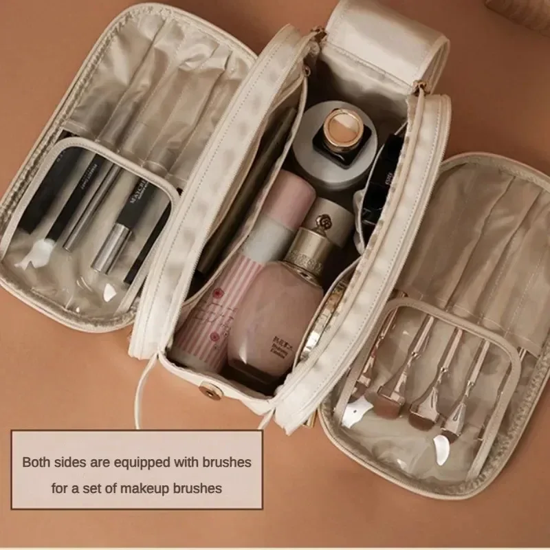 trousse de maquillage multifonctionnelle pour femme, cuir pu, grande capacité, portable, double fermeture éclair, voyage, brosse à maquillage, rangement d'articles de toilette