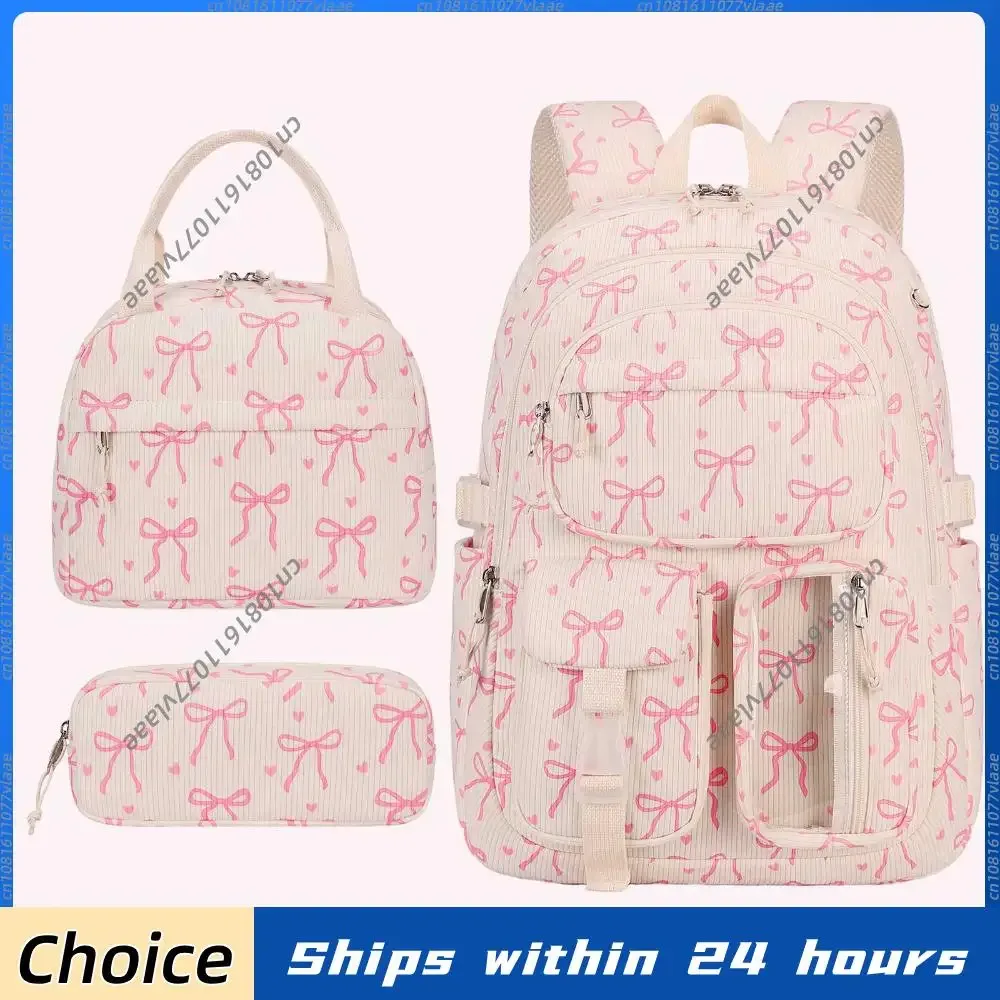 Sac à dos en velours côtelé avec nœud mignon pour femme, sac à dos multi-poches avec sac à lunch et trousse à crayons, grande capacité, sac à dos de voyage décontracté