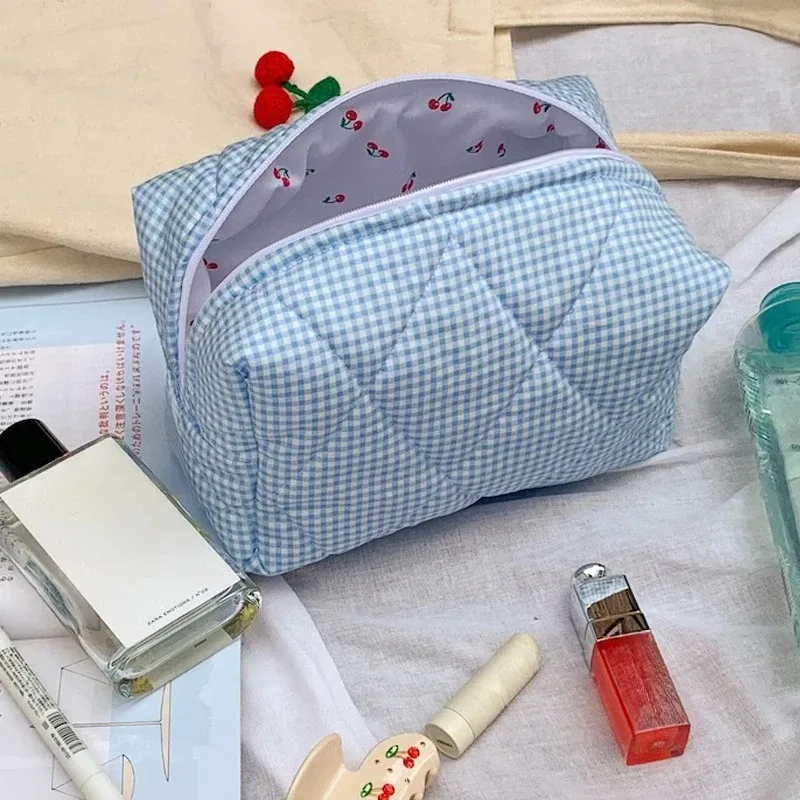 pochette de maquillage couleur bonbon pour femmes, jolie pochette à carreaux de grande capacité, boîte à cosmétiques portable, sacs de rangement pour femmes