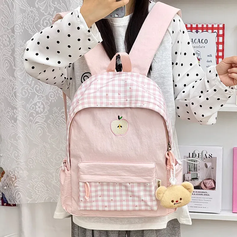 sac à dos d'étudiant en nylon à carreaux, style coréen, motif cœur, doux, mignon, décontracté, respirant, léger, pour les trajets quotidiens