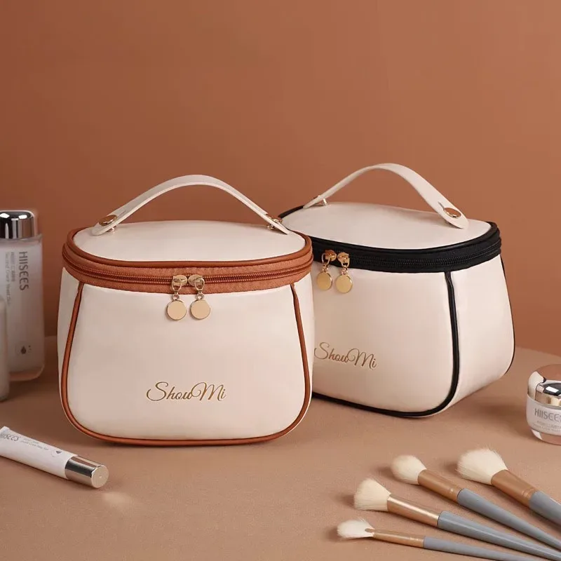 sac de maquillage de voyage de grande capacité, sac organisateur de cosmétiques portable en cuir pu, sac de toilette imperméable avec poignée, sac de rangement pour produits de soin de la peau