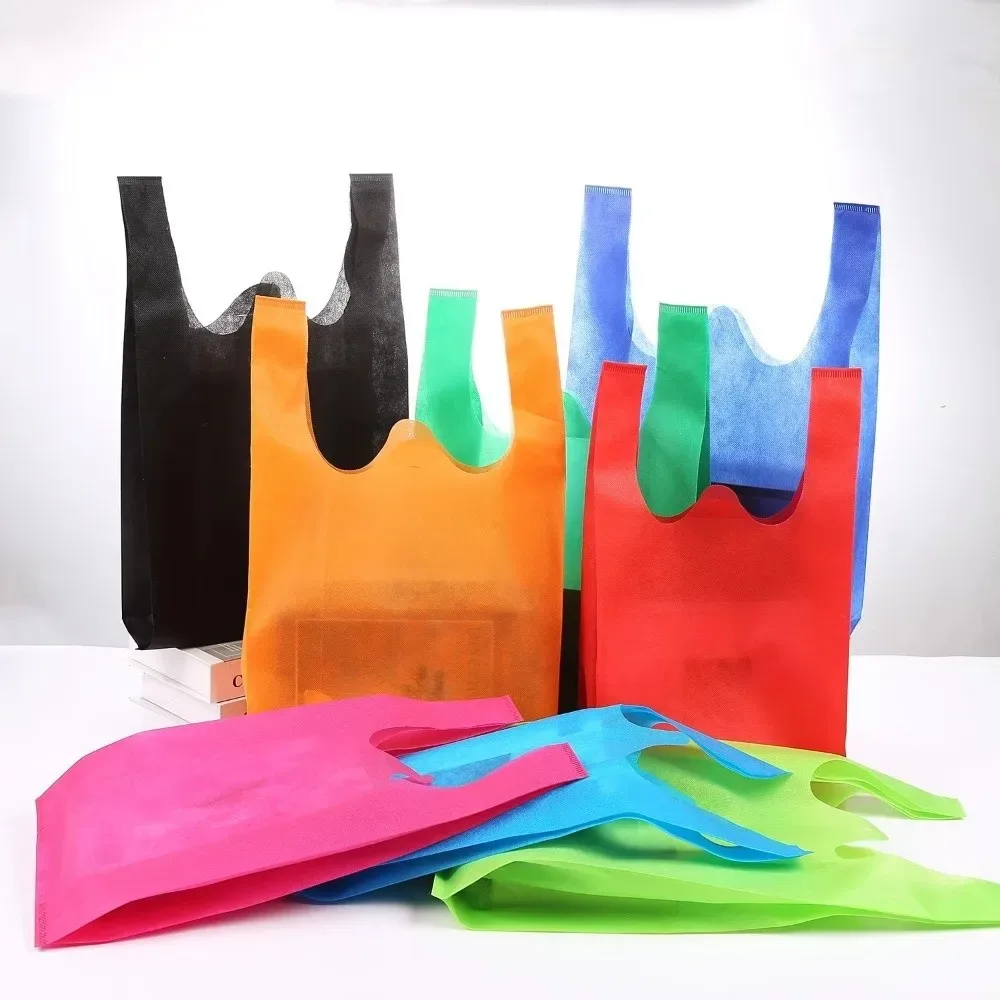 sac de courses non tissé de couleur unie, grande capacité, épais, réutilisable, sac fourre-tout, sac à main portable et pratique, respectueux de l'environnement, 50 pièces