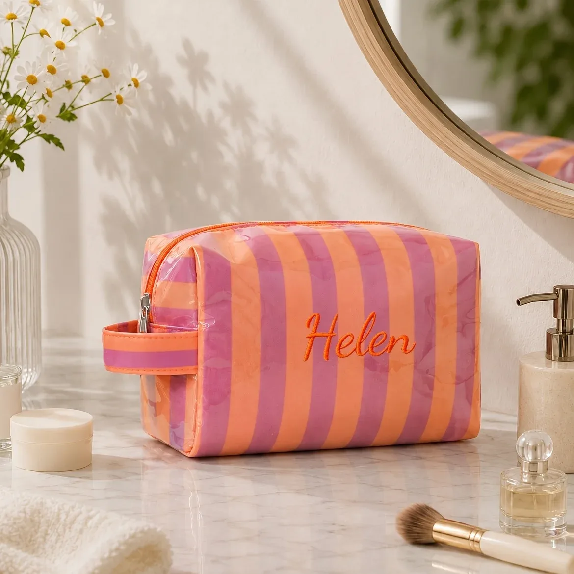 pochette cosmétique rayée personnalisée, imperméable, multifonctionnelle, portable, idéale pour les voyages, parfaite pour les mariages et les cadeaux de plage d'été