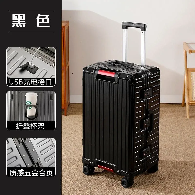 valise de voyage grande taille avec cadre en aluminium, bagage à roulettes avec porte-gobelet et serrure à combinaison