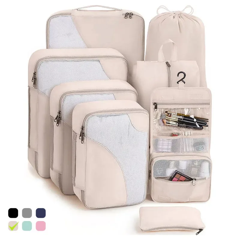 organiseur de valise de qualité supérieure, 8 pièces, pochettes de rangement en maille transparente, cubes de rangement résistants aux déchirures, sacs de rangement pour vêtements avec trousse de toilette