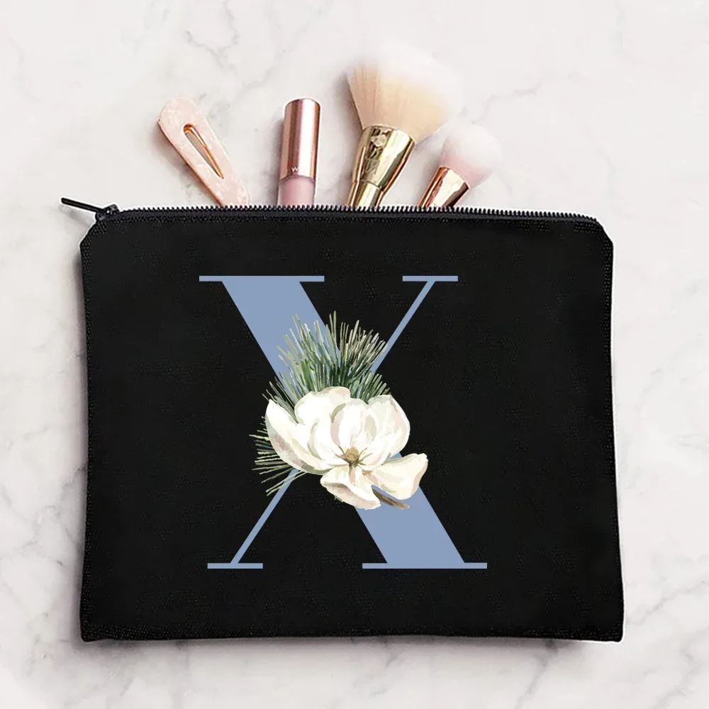 sac à cosmétiques en tissu pour femmes, pochette de maquillage, sac de voyage, rouge à lèvres, étuis de rangement, pochette à fermeture éclair, porte-monnaie de téléphone, initiales bleues imprimées