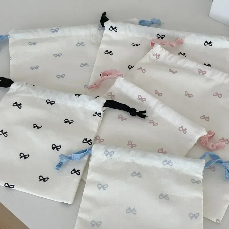 Sac de rangement coréen à cordon imprimé avec nœud mignon, sac à cosmétiques Portable pour filles, organisateur de maquillage de voyage pour femmes, pochette à main