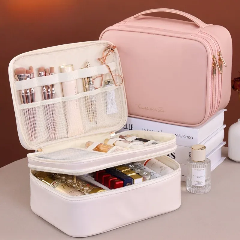 trousse de maquillage double couche en cuir pu, grande capacité, sac de voyage pour cosmétiques, pochette de toilette pour outils de beauté femme