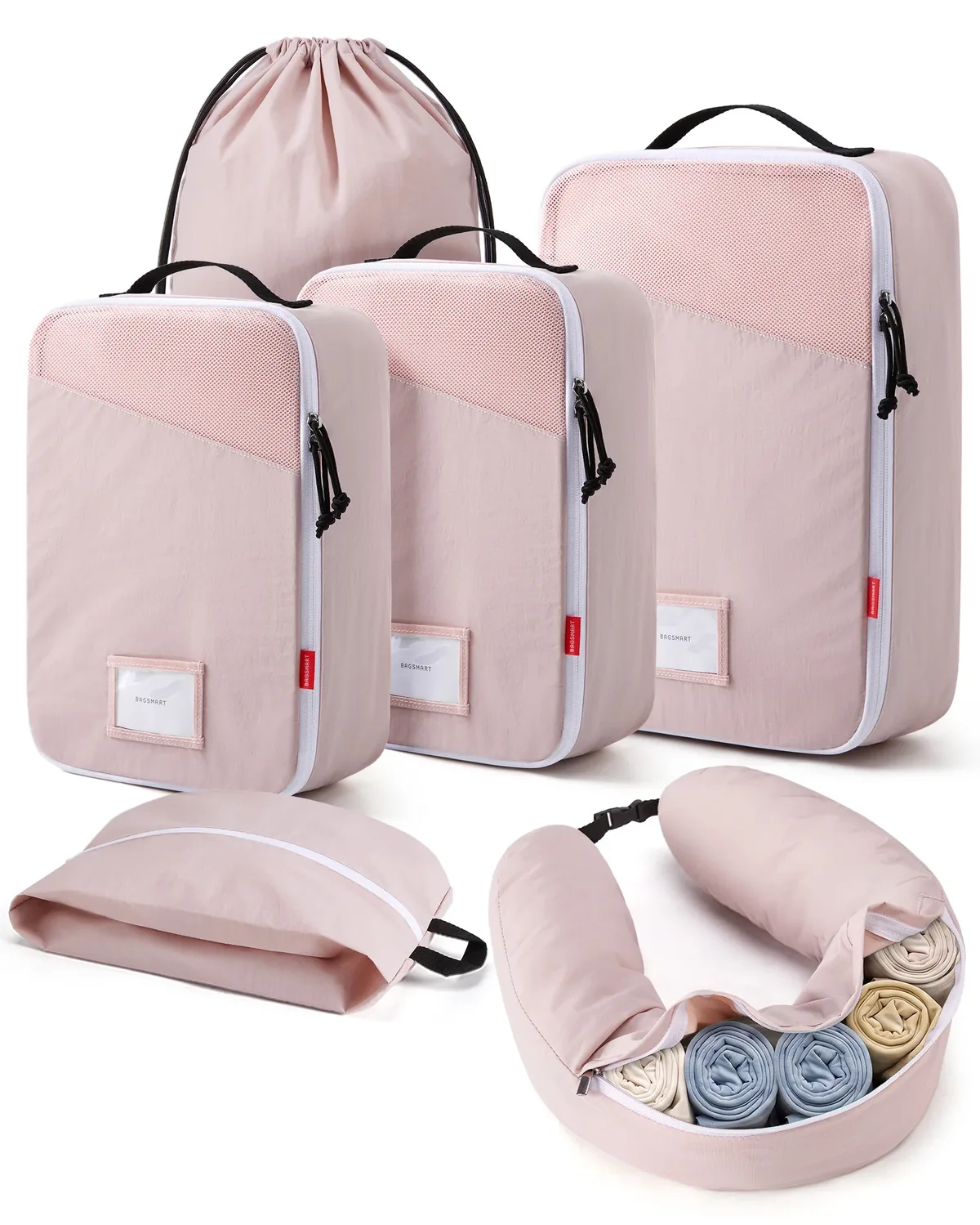 cubes de compression bagsmart avec oreiller de voyage, 6 pièces, sacs de rangement de voyage durables, résistants aux déchirures, en tissu lavable, avec fente pour carte