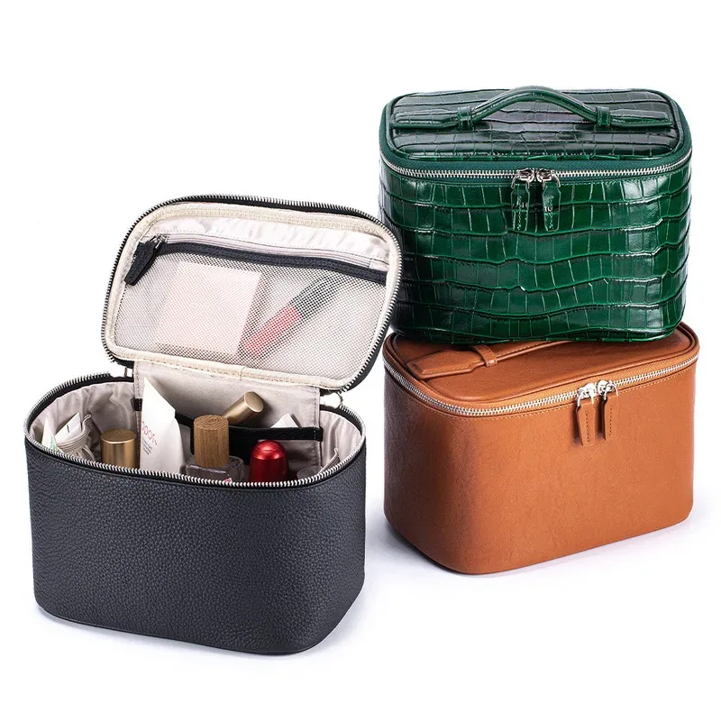 sac à cosmétiques de luxe haut de gamme en cuir de vachette de qualité supérieure, sac de rangement compartime