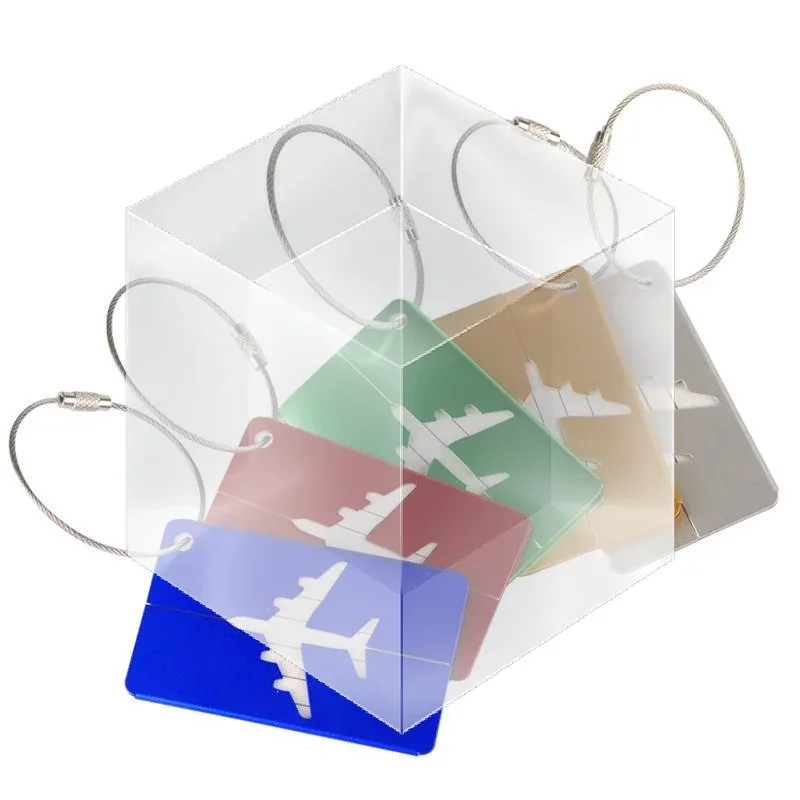 étiquette de bagage en alliage d'aluminium pour avion, anti-perte, avec porte-carte d'identité, couleur unie, accessoires de voyage