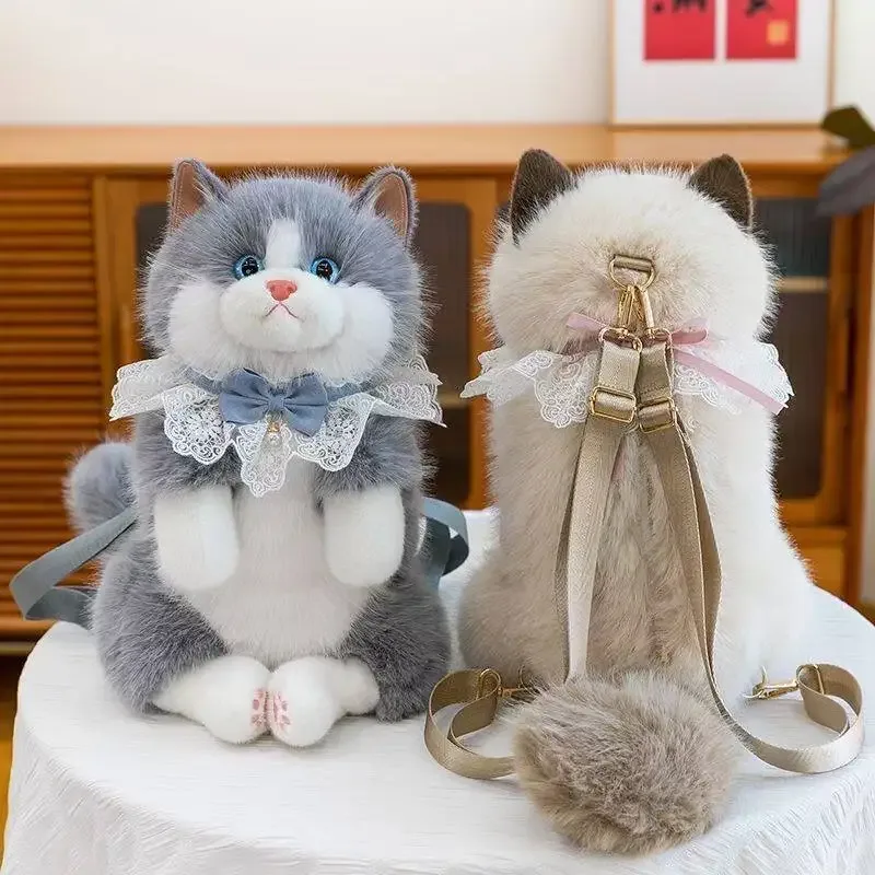 sac à dos chat ragdoll en fausse fourrure mignon pour filles, sac à bandoulière réaliste en peluche chaton avec nœud en dentelle, jouet en peluche doux, cadeau