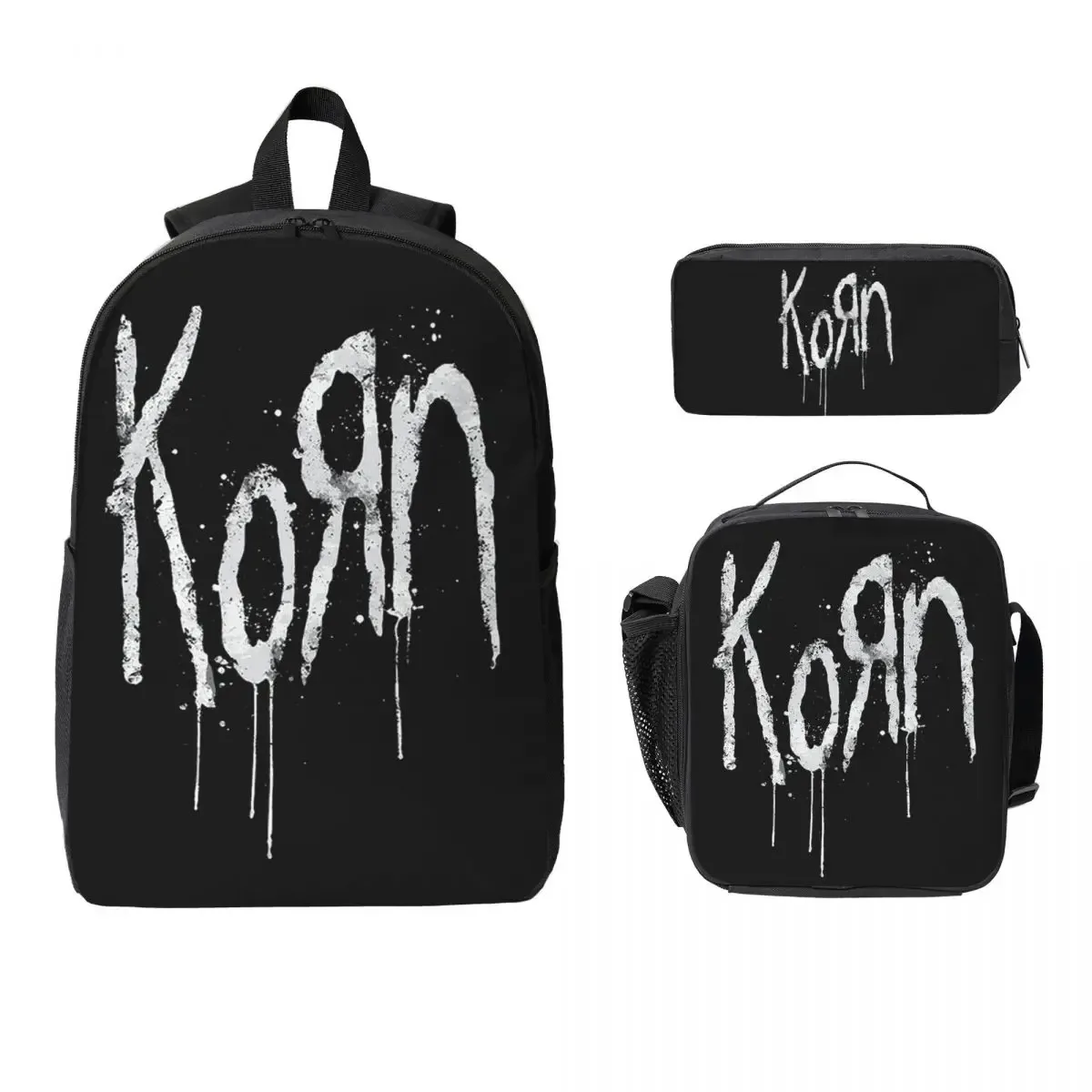 sac à dos korn band rock metal music, sac à livres pour étudiants, sac d'école, sacs à bandoulière, 3 pièces, sac à déjeuner isotherme, trousse à crayons