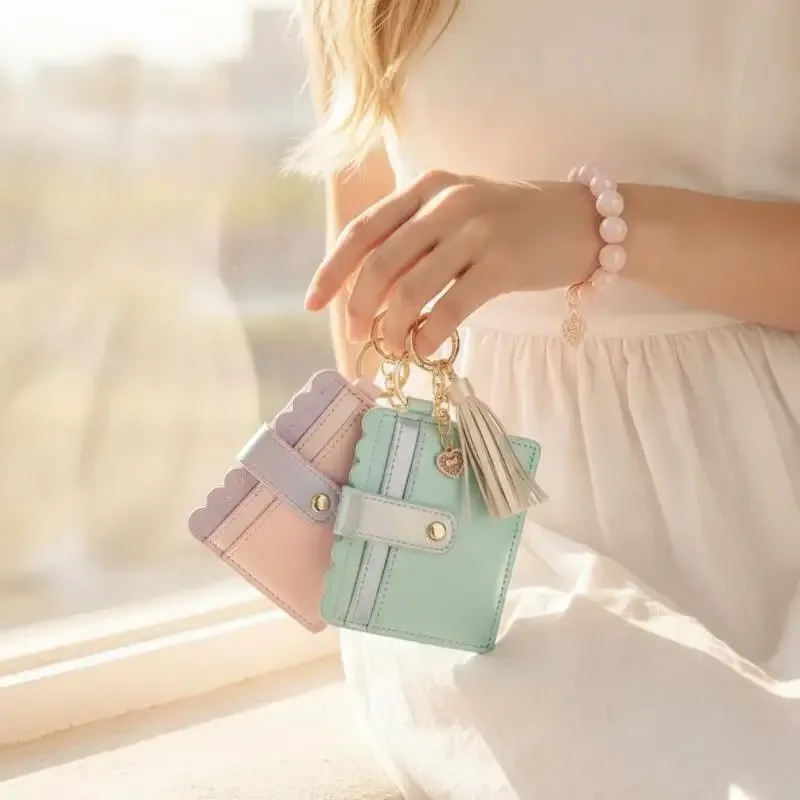 porte-cartes adorable pour filles, portefeuille dégradé de couleurs, breloque cœur, bracelet perles en silicone, étui en cuir pour cartes d'identité - organisateur tendance