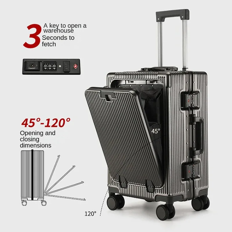 valise de voyage ko-ku nouvelle version avec ouverture frontale, compartiment pour ordinateur portable, cadre en aluminium 20-28, et porte-gobelet