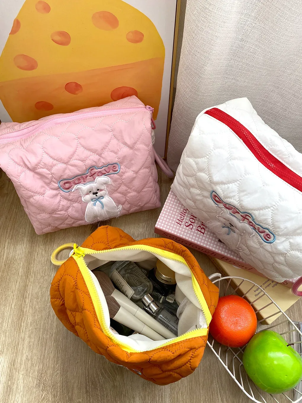 sacs à cosmétiques matelassés love pour femmes, chiot mignon brodé, trousse de toilette pour dames, trousse de maquillage féminine, sacs à main portables